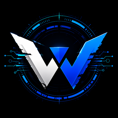 A stylized futuristic logo featuring a large white and blue angular 'W' emblem centered within a glowing blue circular tech HUD design on a black background.